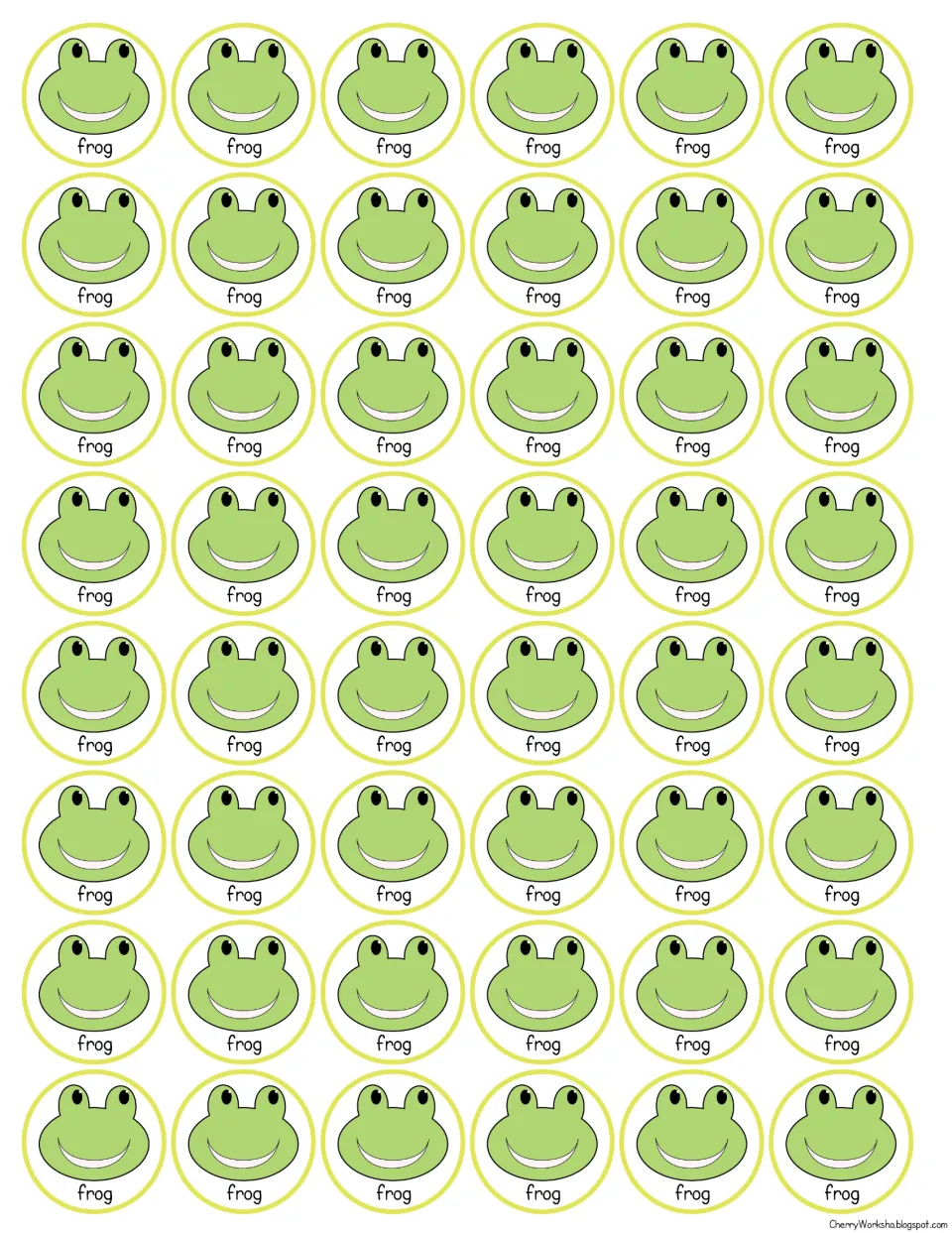Frog counters: 48 round potion ingredient pieces, each showing a smiling green frog labeled frog, to cut out for play