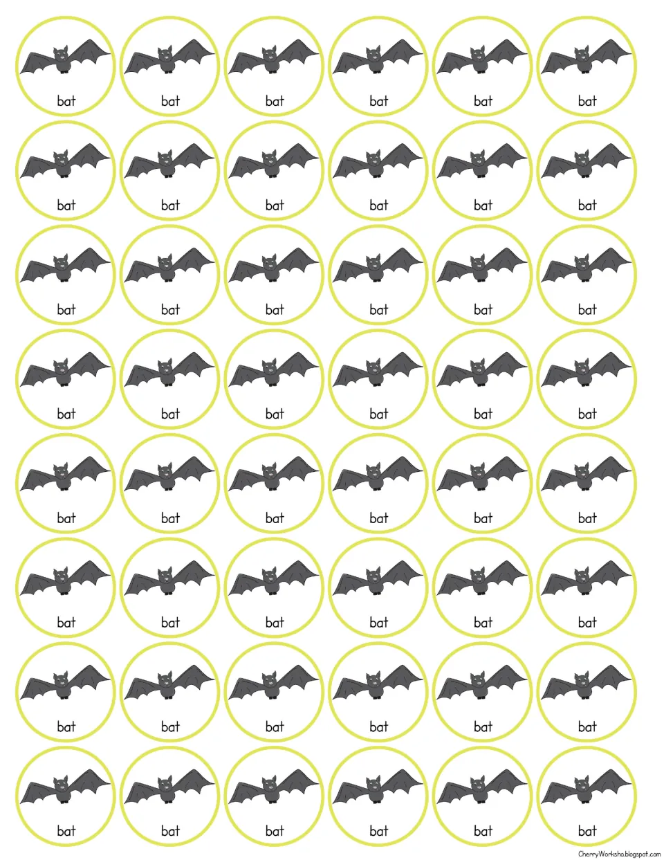 Bat counters: 48 round potion ingredient pieces, each showing a gray bat labeled bat, for placing on the bottle board