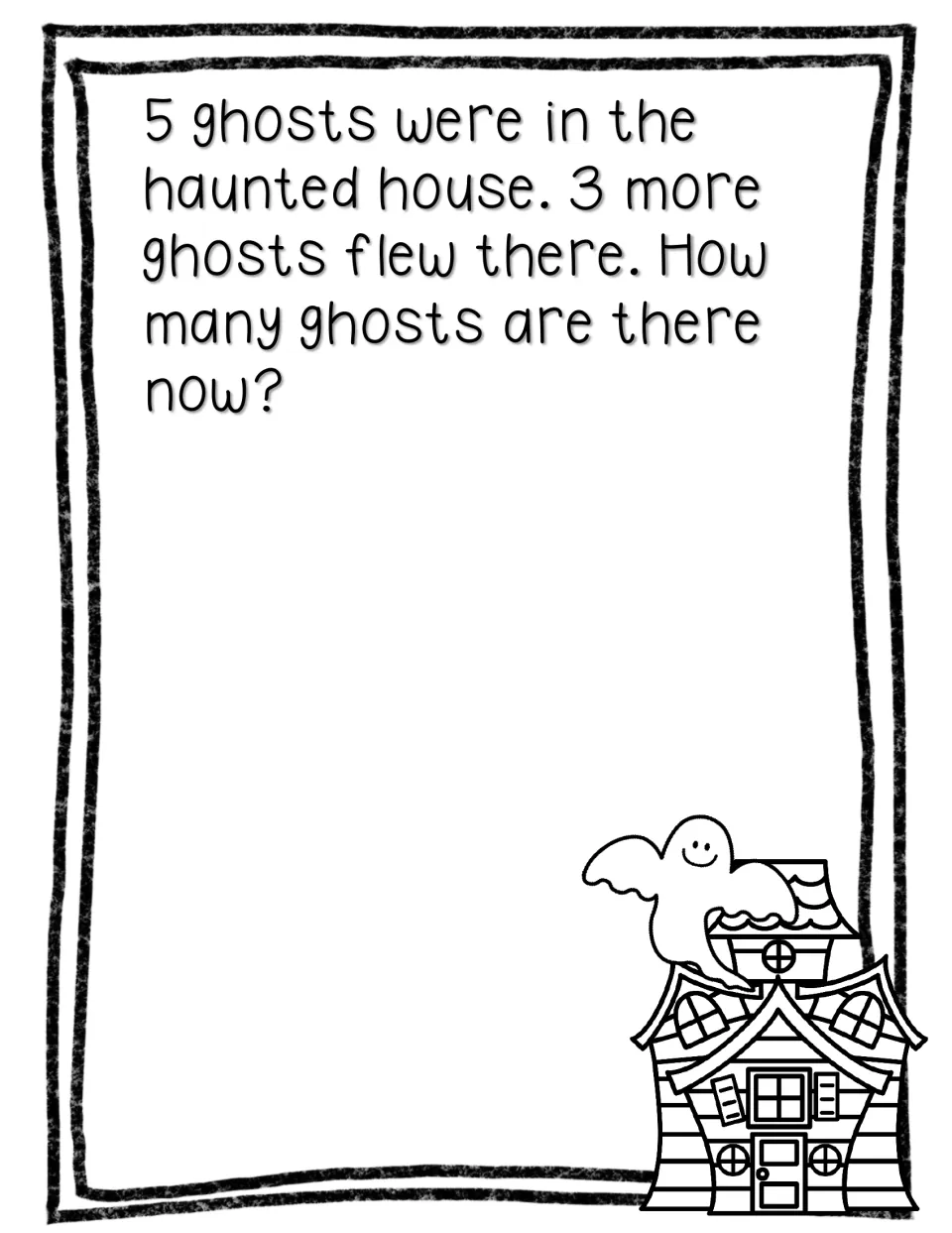 Journal problem asks how many ghosts are in a haunted house after 3 more join the 5 ghosts already there.