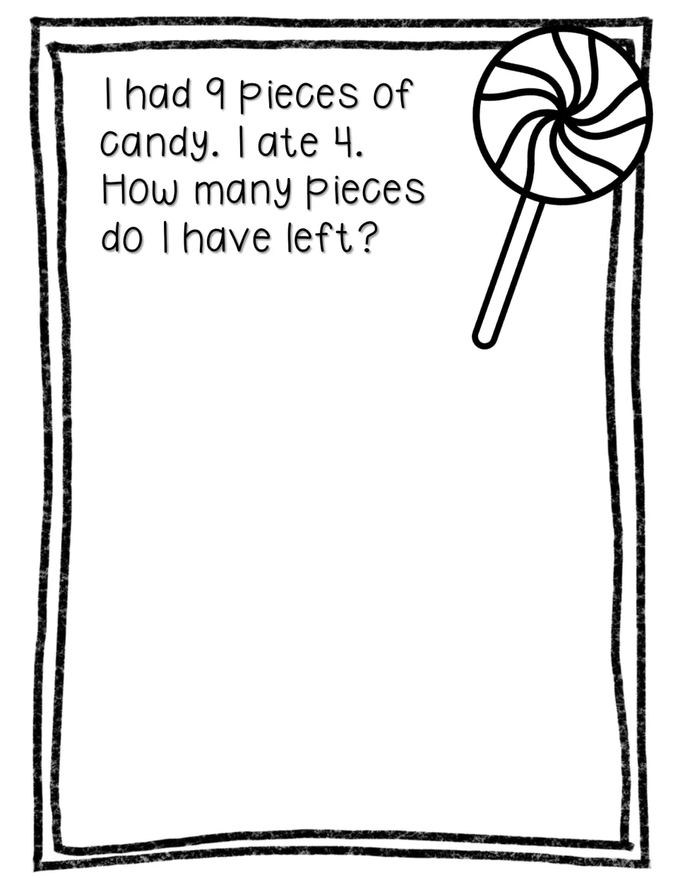 Journal subtraction problem begins with 9 pieces of candy and asks how many remain after 4 are eaten.