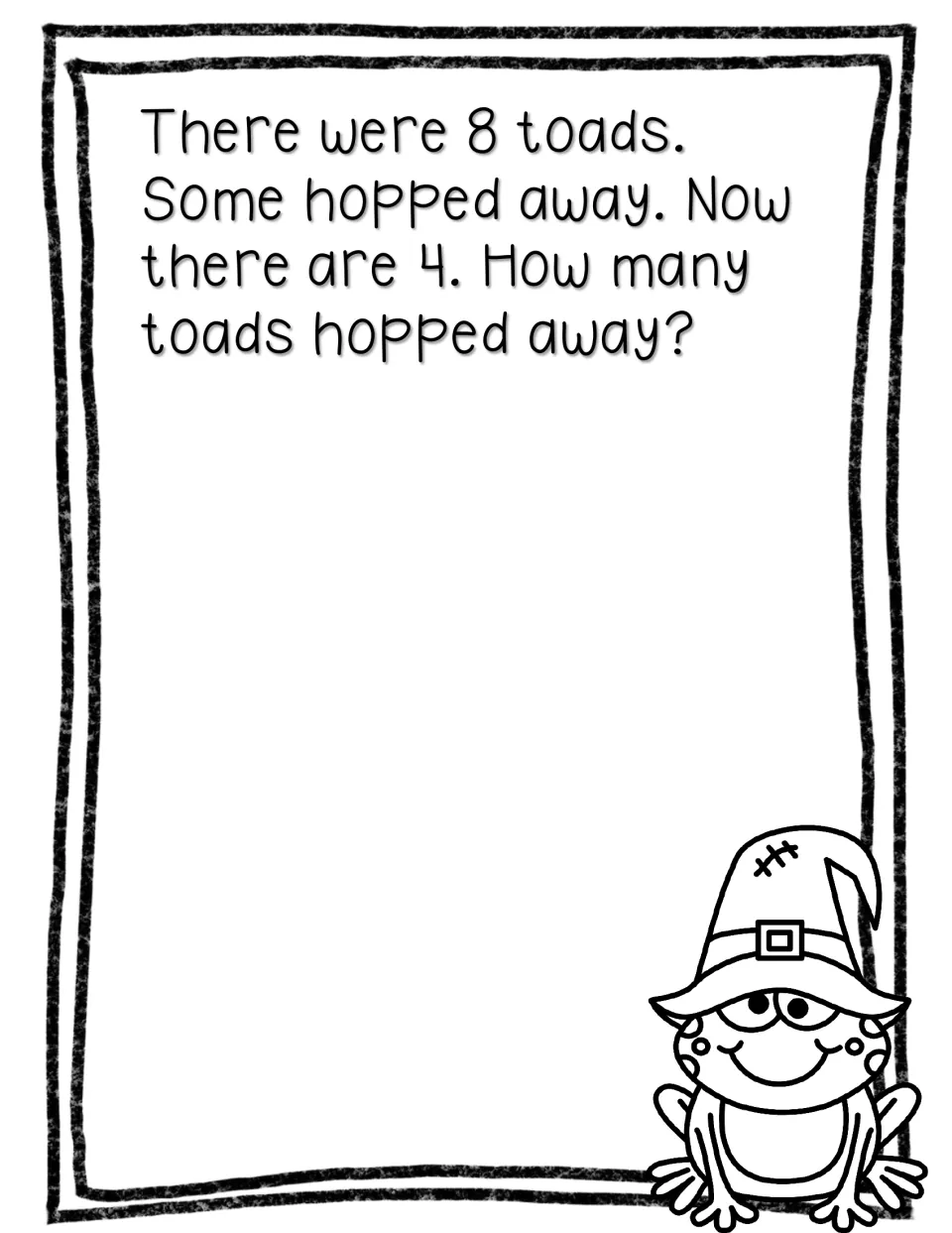 Journal subtraction problem starts with 8 toads and ends with 4, asking how many toads hopped away.