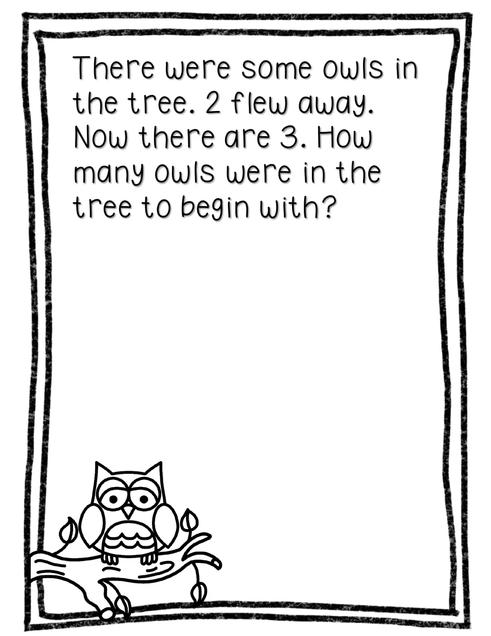 Journal problem asks how many owls were in a tree at first if 2 flew away and 3 owls are there now.