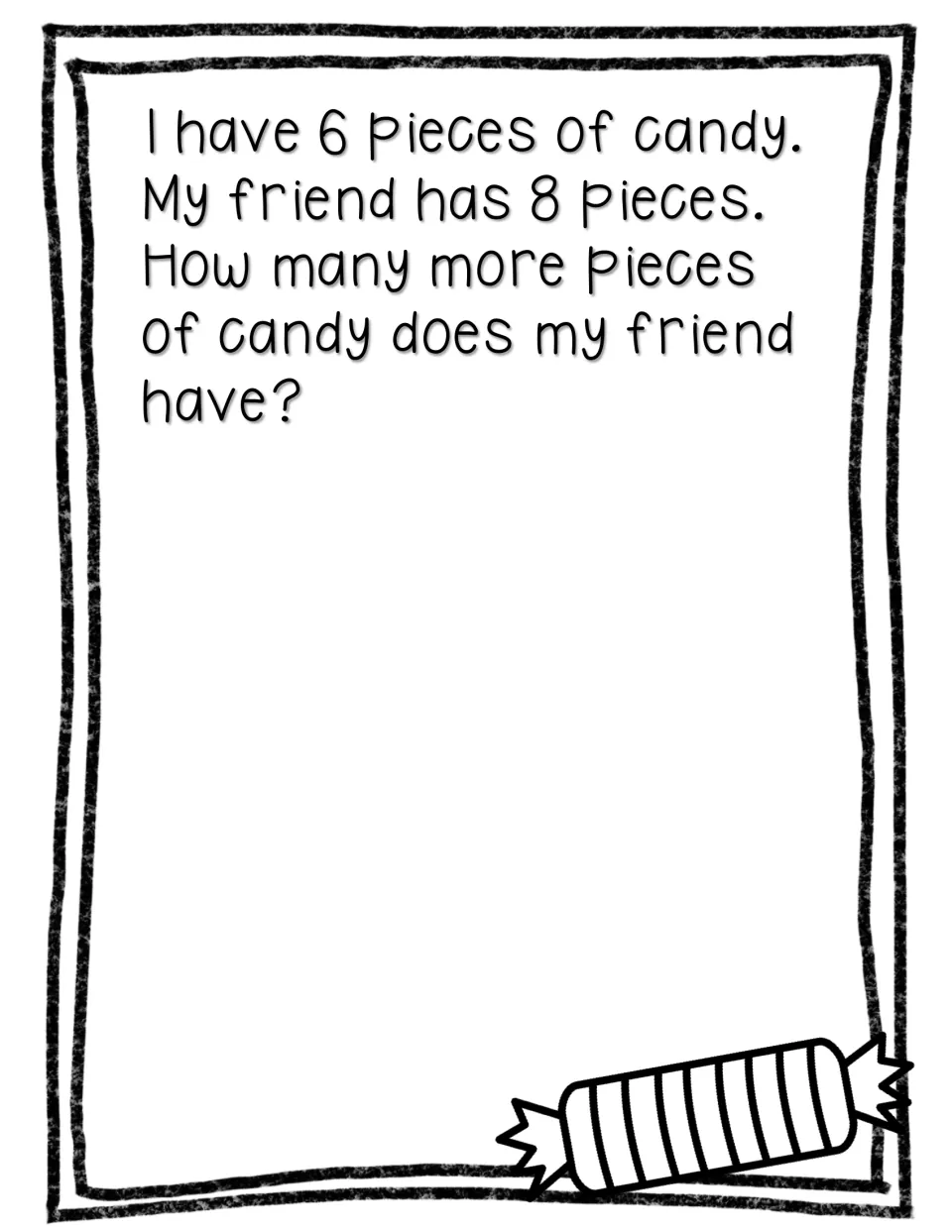 Journal comparison problem asks how many more pieces of candy a friend has when the amounts are 6 and 8.