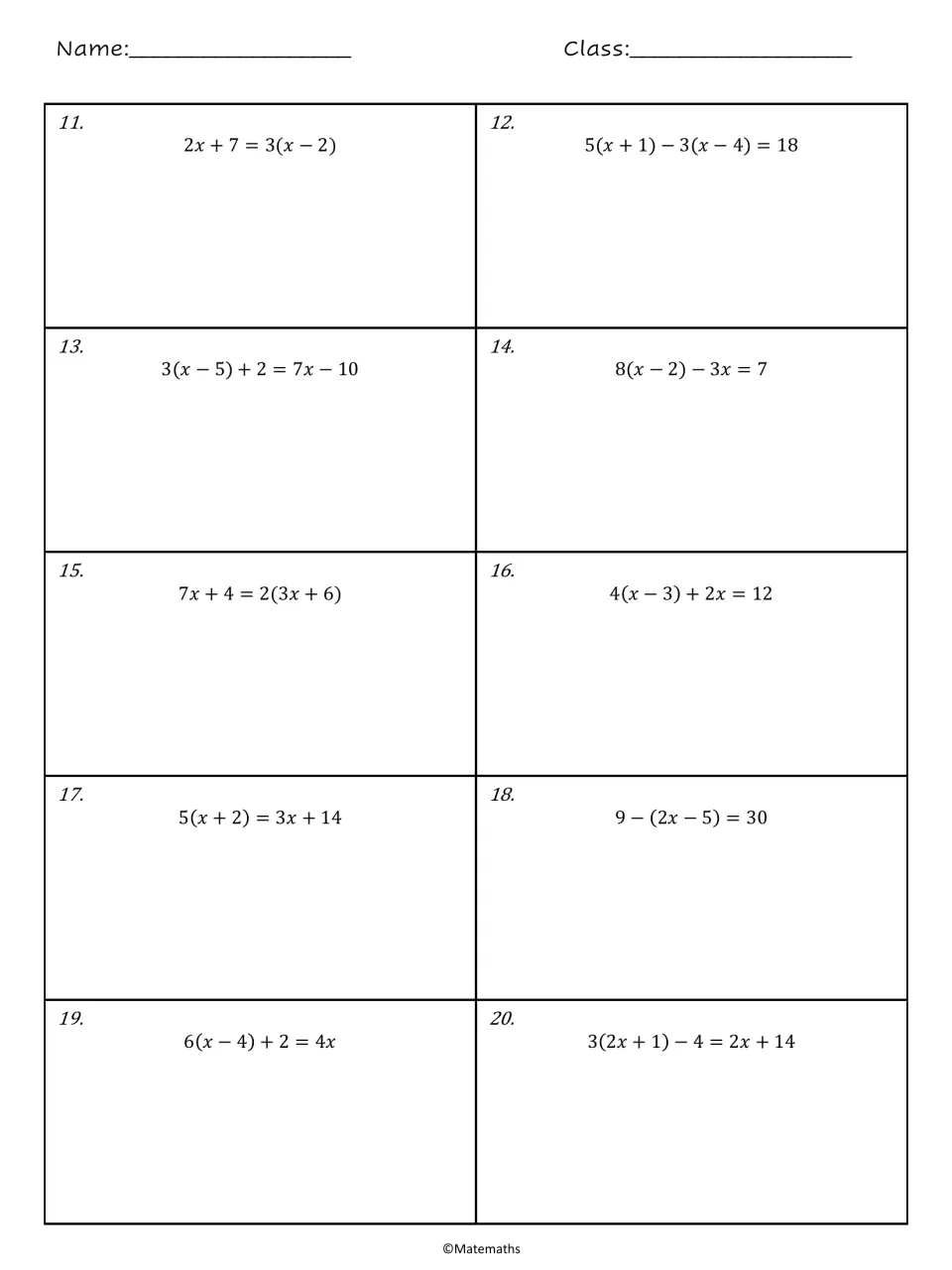 Multi-step equations 11-20: students solve for x with variables on both sides, such as 2x + 7 = 3(x - 2)