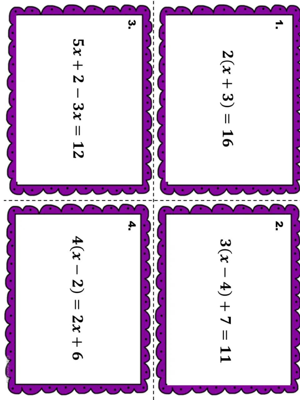 Task cards 1-4: students solve 2(x + 3) = 16, 3(x - 4) + 7 = 11, 5x + 2 - 3x = 12 and 4(x - 2) = 2x + 6
