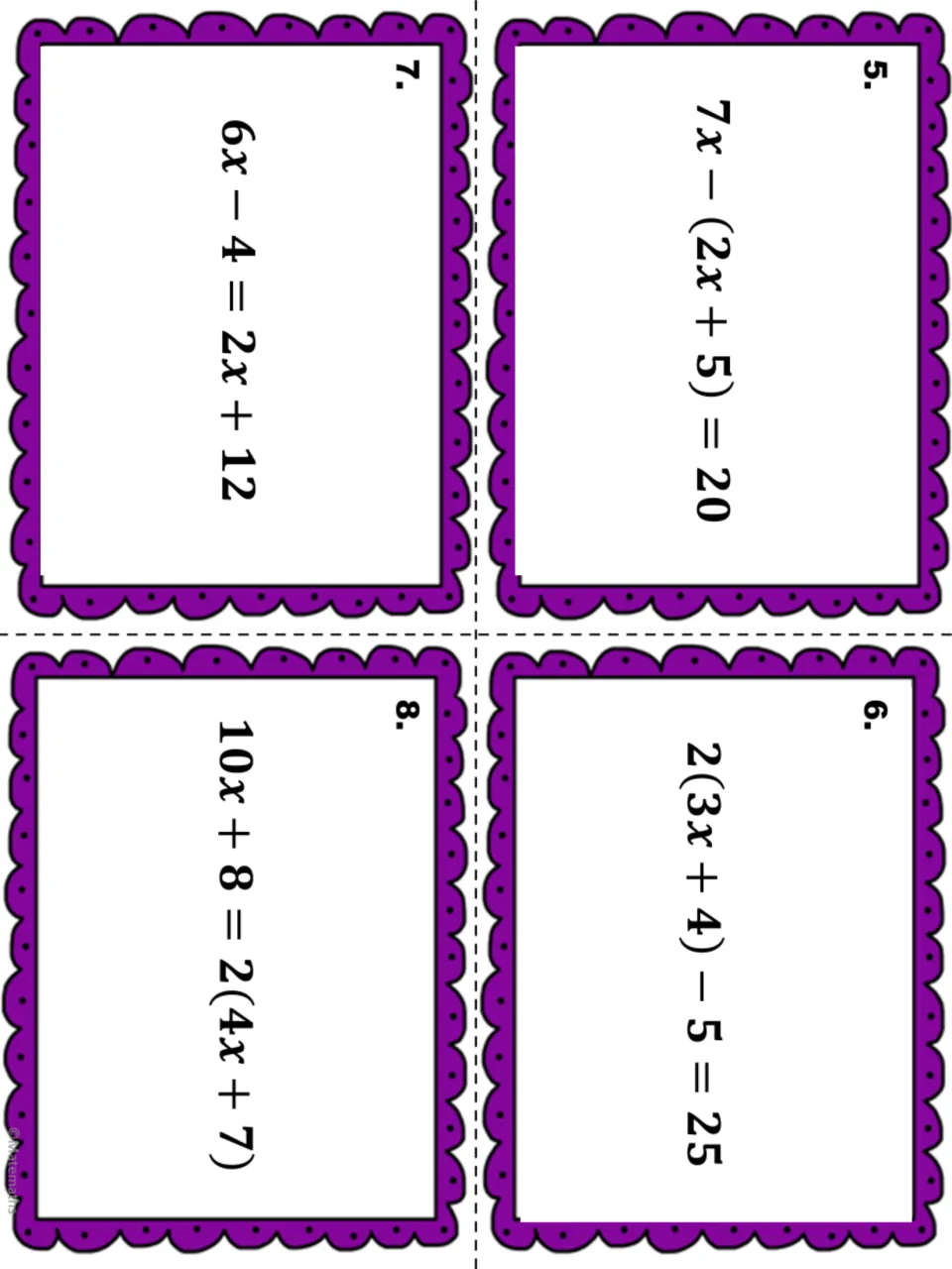 Task cards 5-8: students solve 7x - (2x + 5) = 20, 2(3x + 4) - 5 = 25, 6x - 4 = 2x + 12 and 10x + 8 = 2(4x + 7)