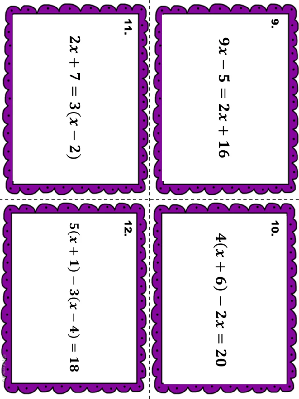 Task cards 9-12: students solve 9x - 5 = 2x + 16, 4(x + 6) - 2x = 20, 2x + 7 = 3(x - 2) and 5(x + 1) - 3(x - 4) = 18