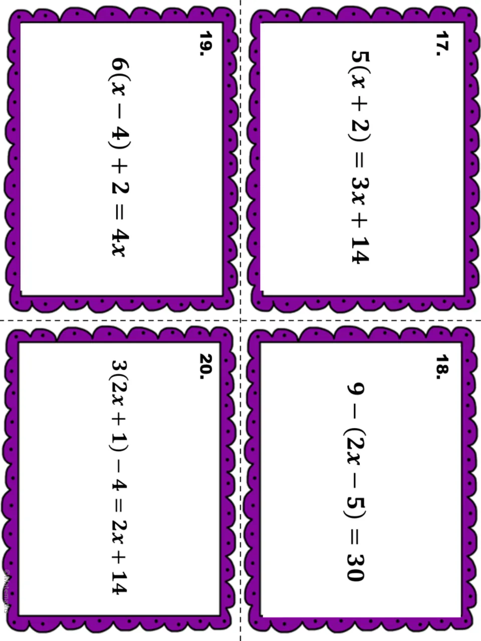 Task cards 17-20: students solve 5(x + 2) = 3x + 14, 9 - (2x - 5) = 30, 6(x - 4) + 2 = 4x and 3(2x + 1) - 4 = 2x + 14