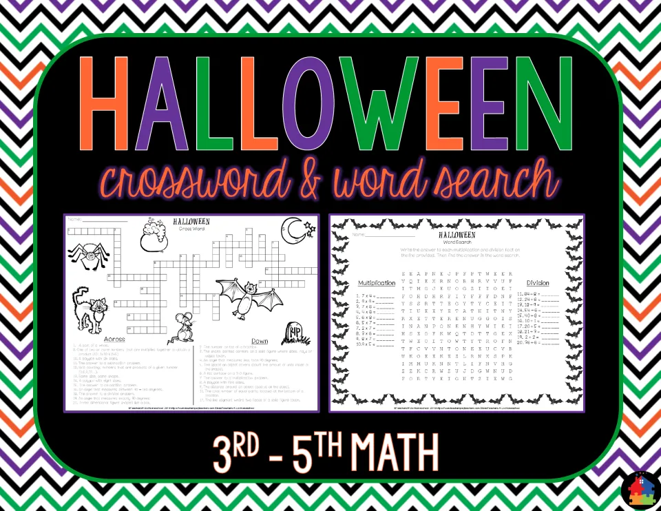 Halloween crossword and word search cover for 3rd-5th math, previewing a math vocabulary crossword and a facts word search