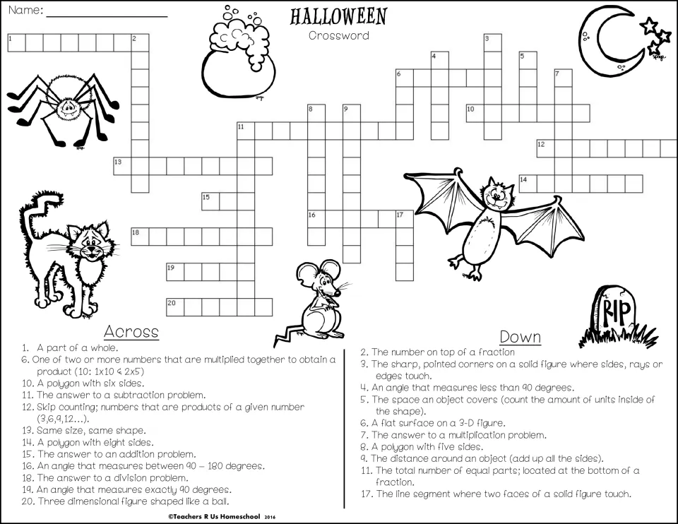 Halloween math vocabulary crossword: students solve clues on fractions, angles, polygons, 3-D figures and operation terms