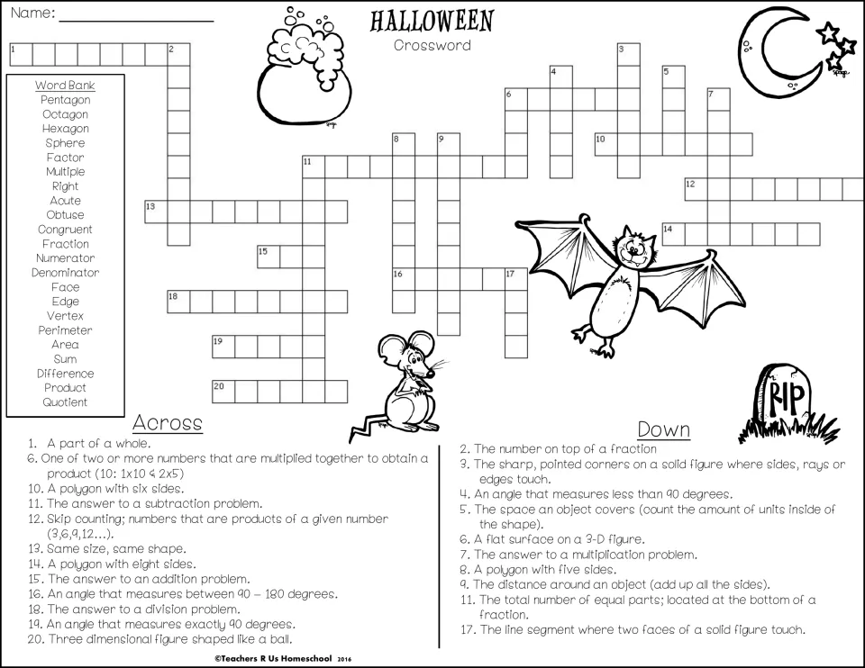 Math vocabulary crossword with a 22-word bank (pentagon, vertex, quotient and more); students match terms to each clue