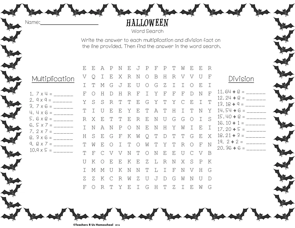 Multiplication and division word search: students solve 20 facts, then find each answer as a number word