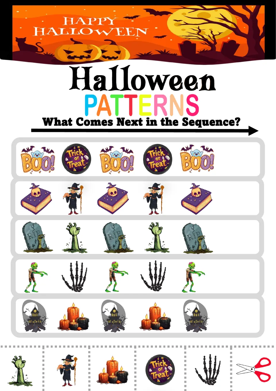 Pattern practice sheet 1: five AB sequences featuring Boo signs, spell books, gravestones, zombies, and houses