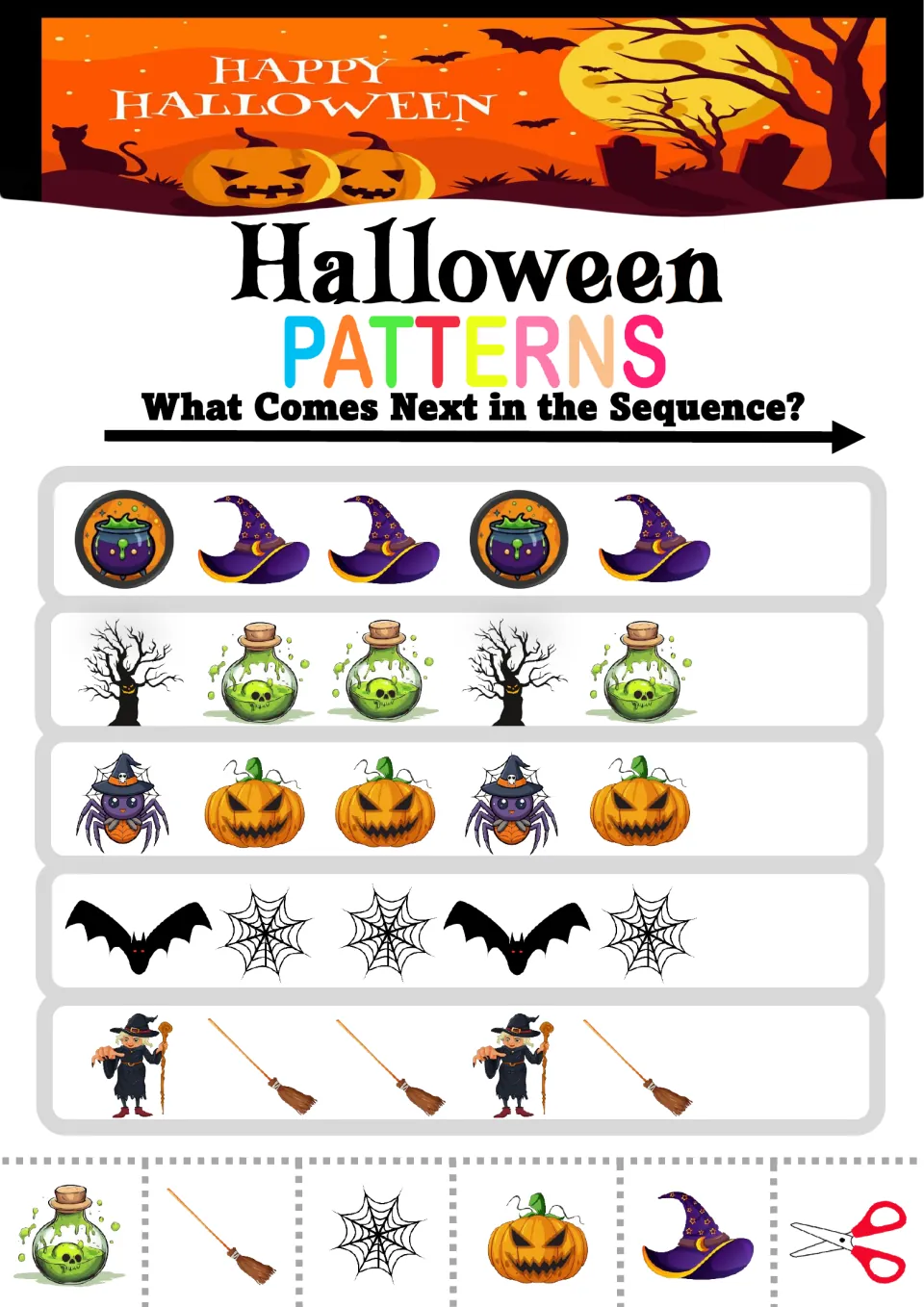 Pattern practice sheet 2: five ABB sequences using cauldrons, witch hats, potions, pumpkins, webs, and brooms