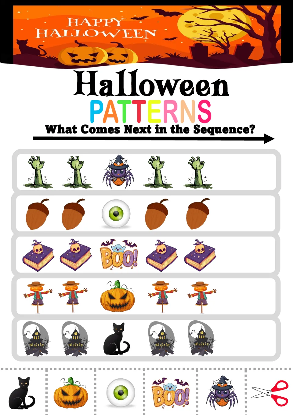 Pattern practice sheet 3: five AAB sequences featuring zombie hands, acorns, books, scarecrows, and houses