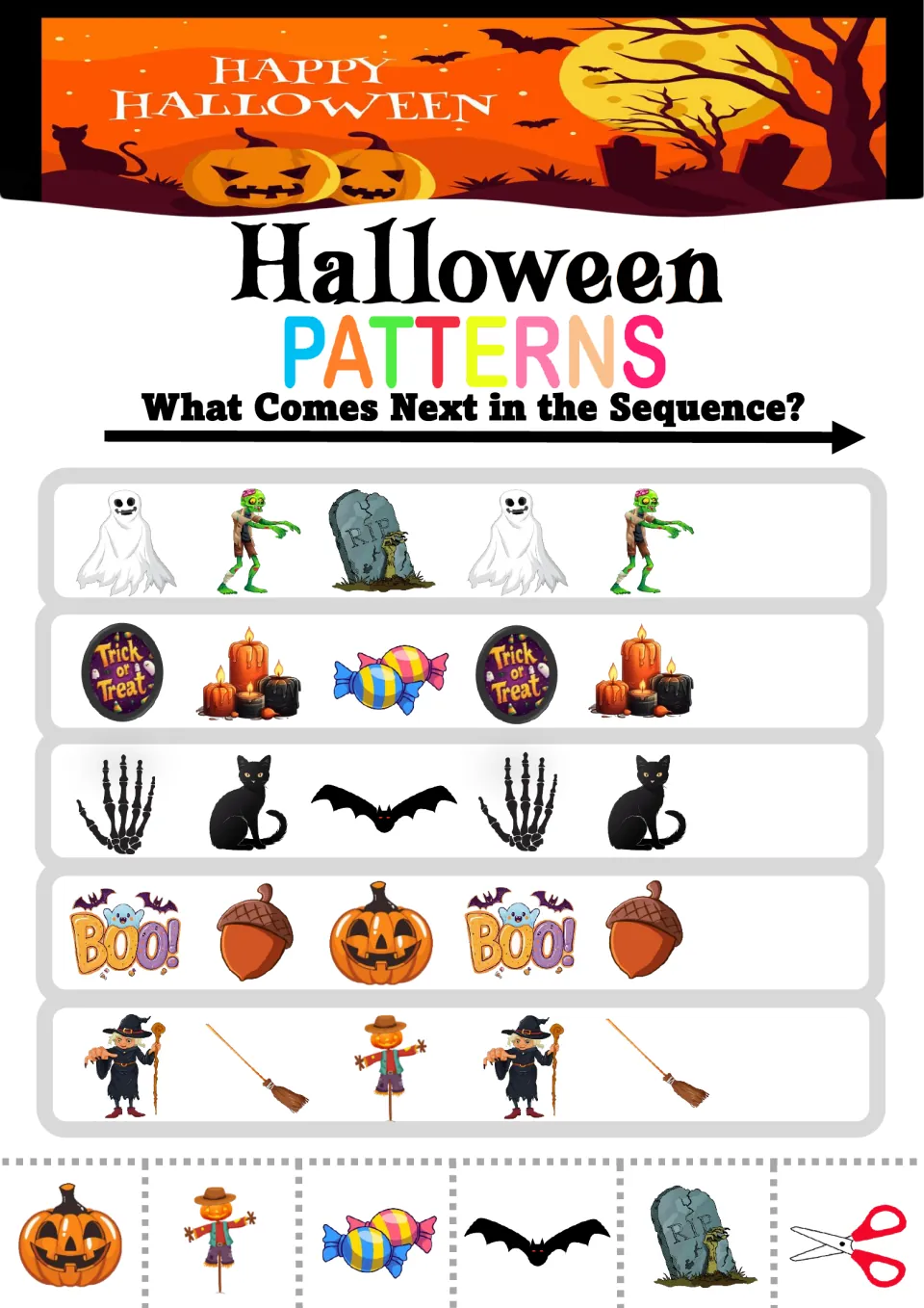 Pattern practice sheet 4: five ABC sequences featuring ghosts, zombies, candy, bats, pumpkins, and witches