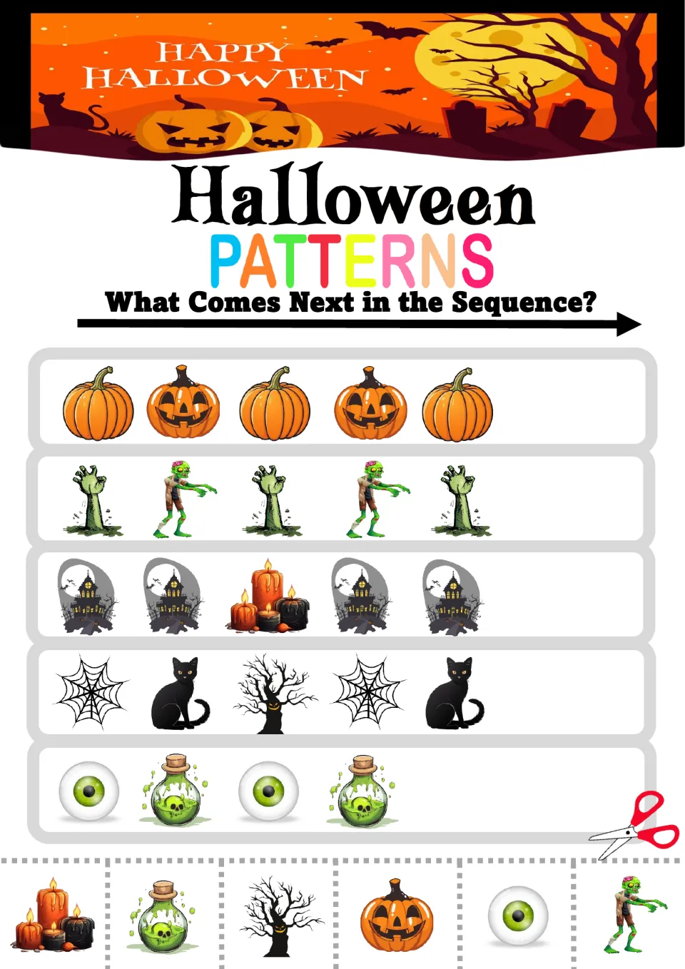 Pattern practice sheet 5: five mixed sequences using pumpkins, zombies, houses, webs, eyeballs, and potions