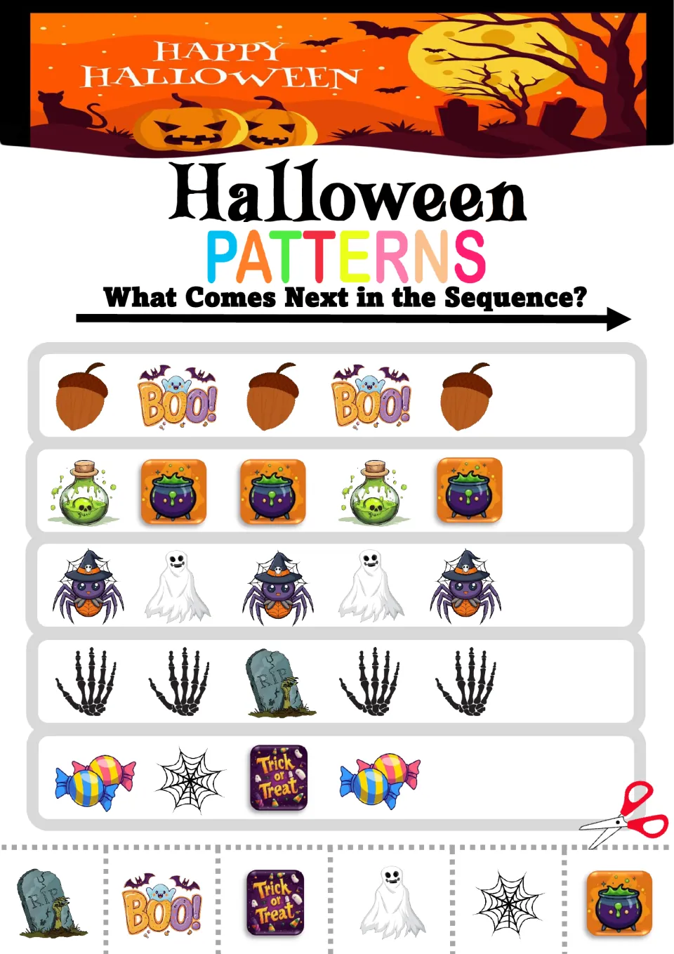 Pattern practice sheet 6: five mixed sequences using acorns, cauldrons, ghosts, skeleton hands, and candy