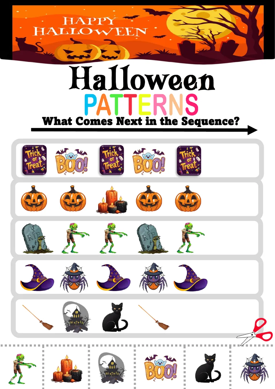 Pattern practice sheet 7: five mixed sequences featuring Boo signs, pumpkins, zombies, witch hats, and cats