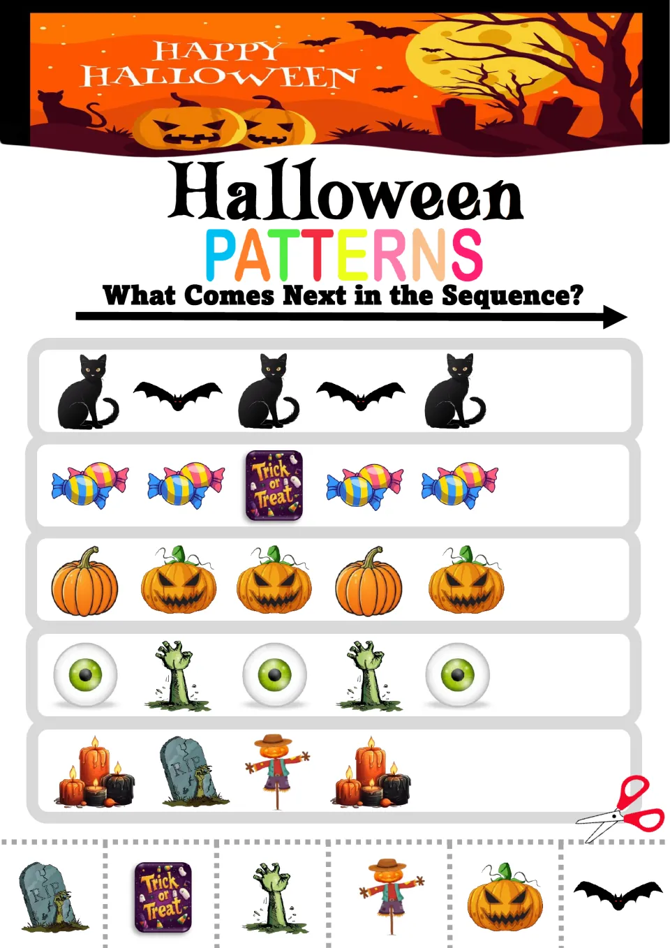 Pattern practice sheet 8: five mixed sequences featuring cats, bats, candy, pumpkins, eyeballs, and candles
