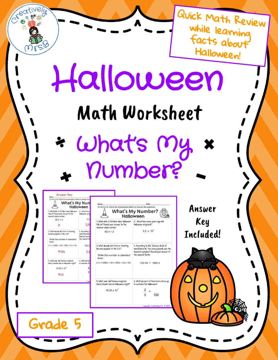 Cover for What's My Number? Halloween math worksheet, Grade 5, showing the student page and an included answer key