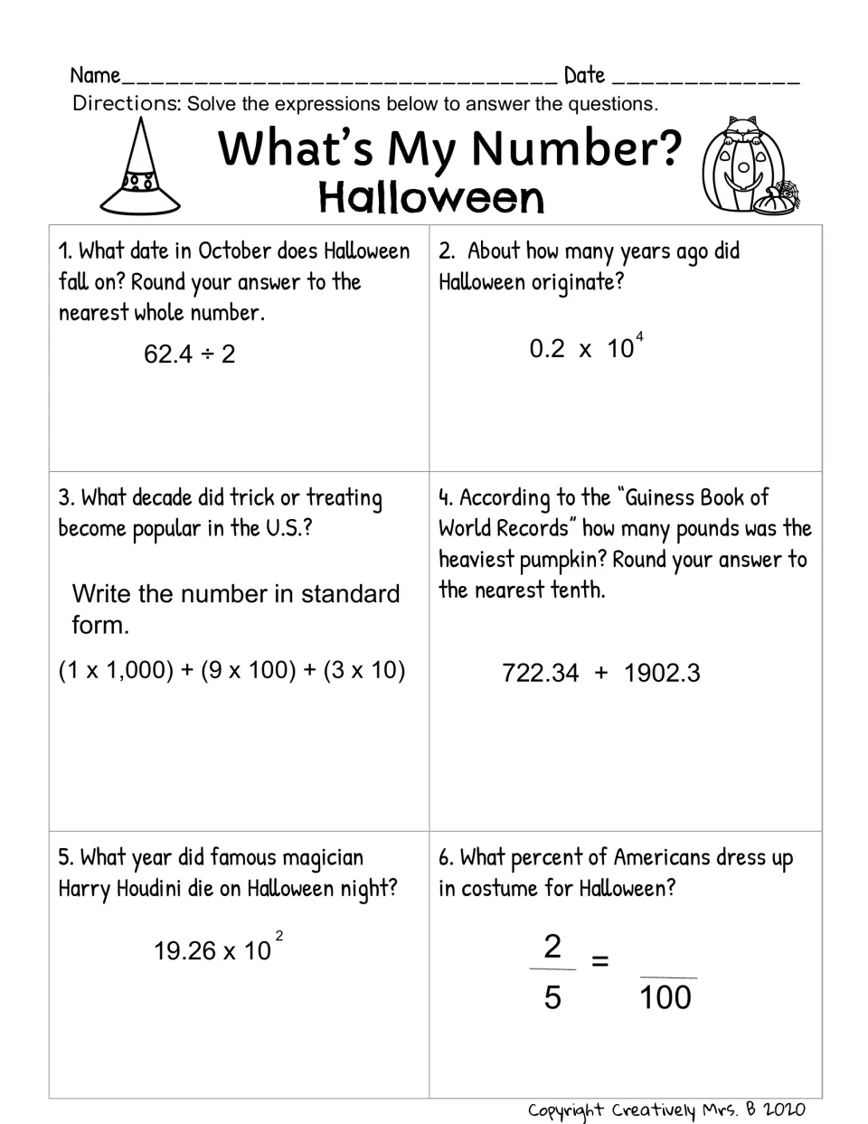 What's My Number? Halloween: students solve 6 decimal, exponent and fraction expressions to answer Halloween fact questions