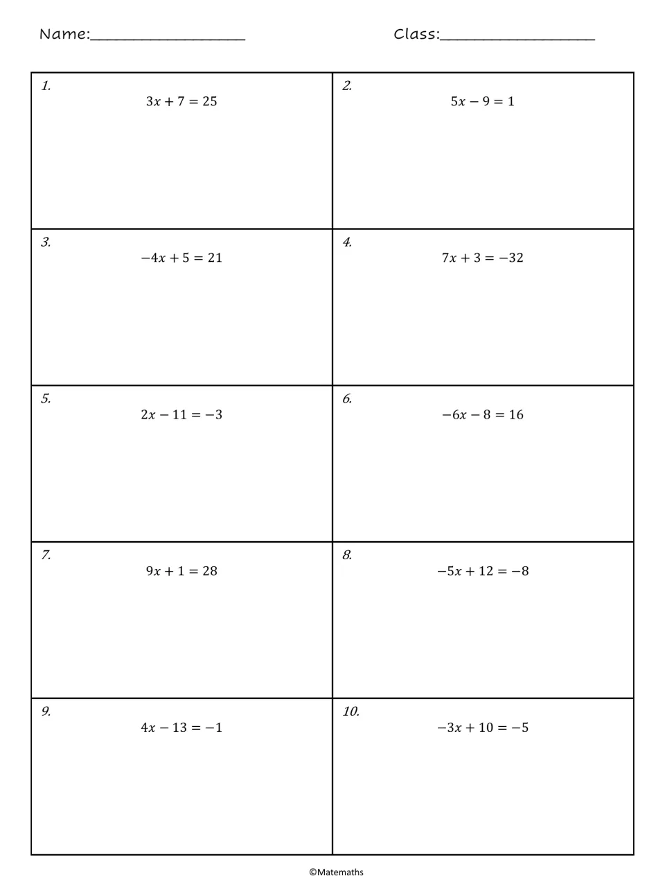 Two-step equations 1 to 10: students solve for x in problems such as 3x + 7 = 25 and -4x + 5 = 21, showing their work