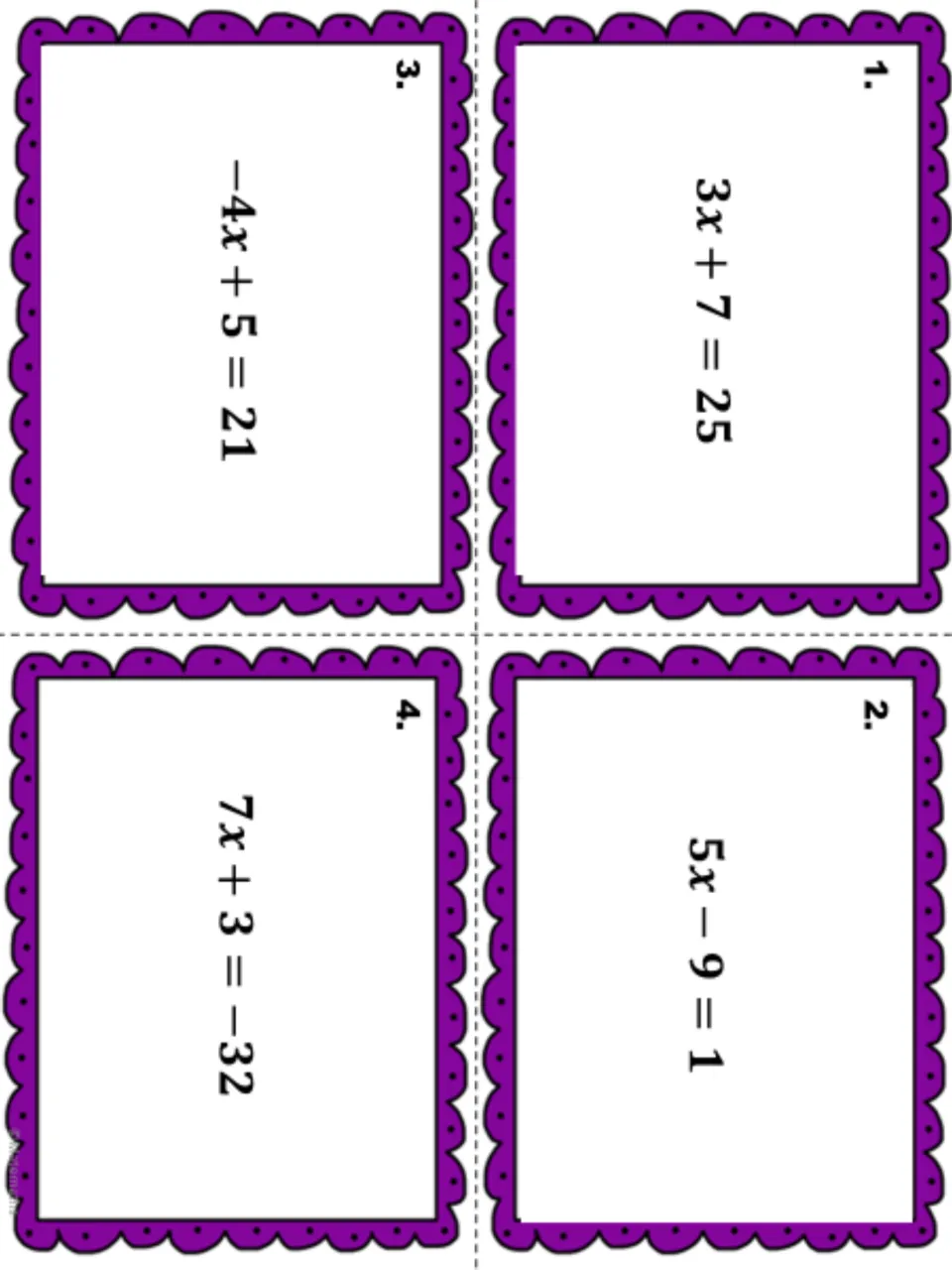 Task cards 1 to 4 with two-step equations to solve: 3x + 7 = 25, 5x - 9 = 1, -4x + 5 = 21 and 7x + 3 = -32