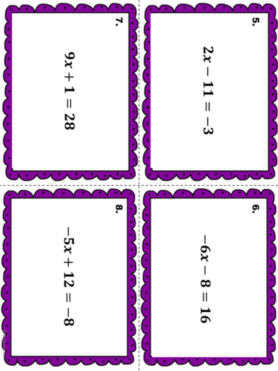 Task cards 5 to 8 for solving two-step equations: 2x - 11 = -3, -6x - 8 = 16, 9x + 1 = 28 and -5x + 12 = -8