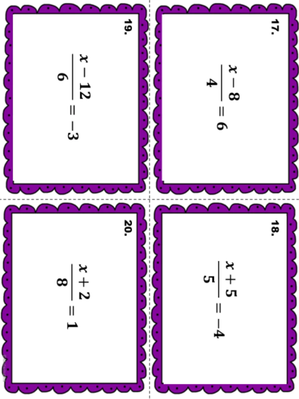 Task cards 17 to 20, solving (x - 8)/4 = 6, (x + 5)/5 = -4, (x - 12)/6 = -3 and (x + 2)/8 = 1 for x