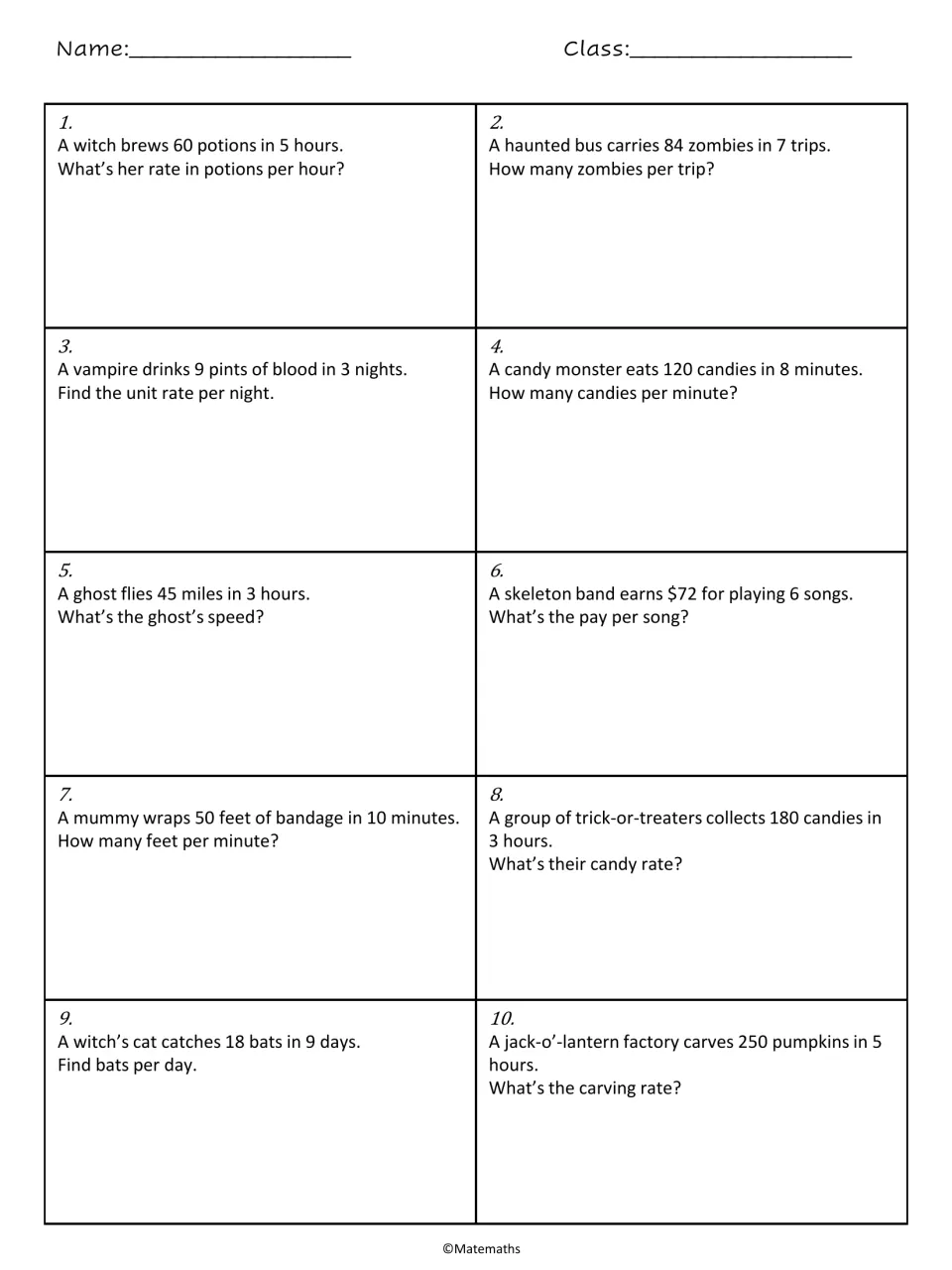Unit rates word problems 1-10: students find rates like potions per hour, zombies per trip and pay per song