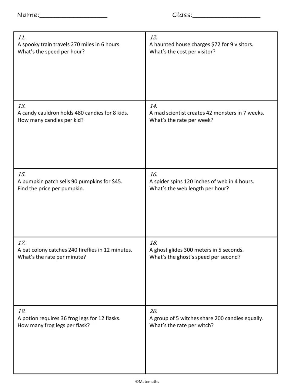 Halloween rate problems 11-20: students find speed per hour, cost per visitor, price per pumpkin and candies per witch