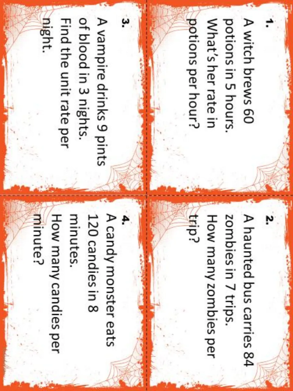 Unit rate task cards 1-4: witch potions per hour, zombies per trip, vampire pints per night, candies per minute