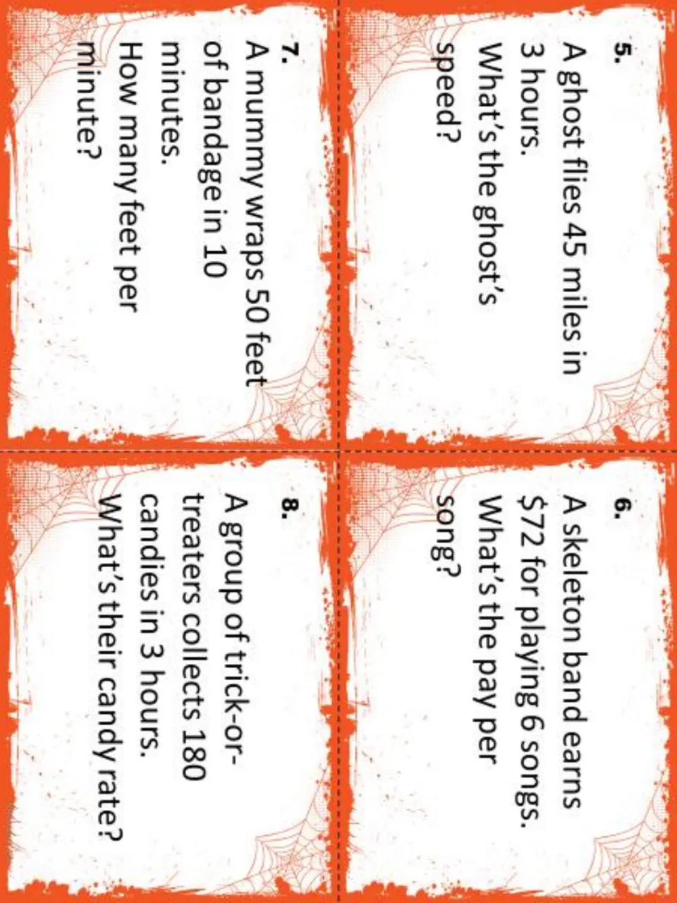 Task cards 5-8 on rates: ghost's speed, skeleton band pay per song, mummy feet per minute, trick-or-treat candy rate