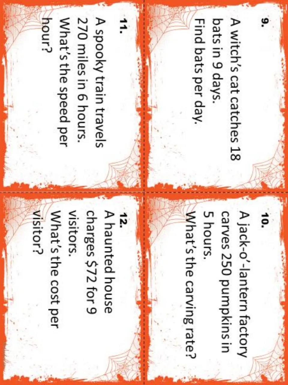 Rate task cards 9-12: bats per day, pumpkin carving rate, spooky train speed and haunted house cost per visitor