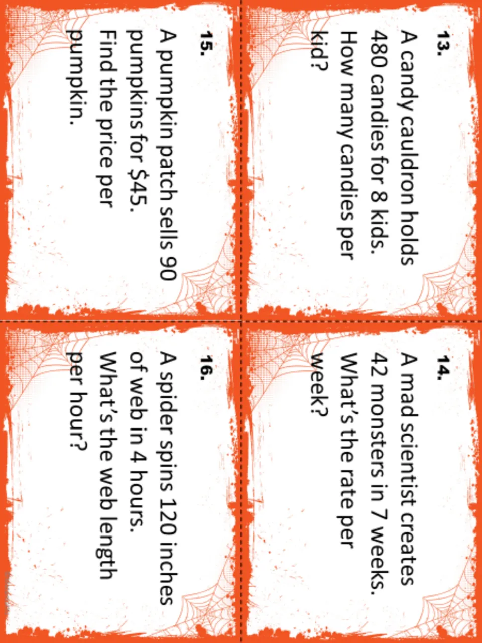 Halloween task cards 13-16: candies per kid, monsters per week, price per pumpkin and spider web inches per hour