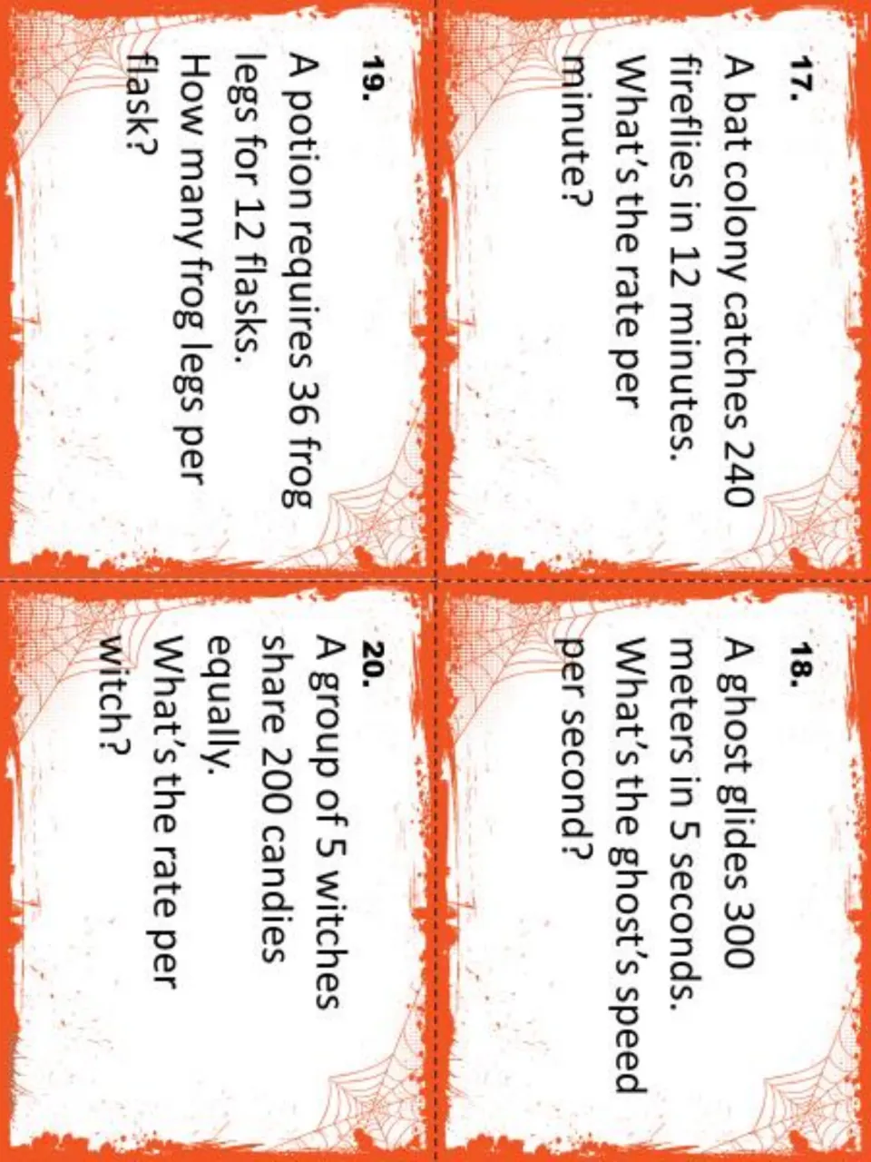 Spooky task cards 17-20: fireflies per minute, ghost's speed per second, frog legs per flask and candies per witch