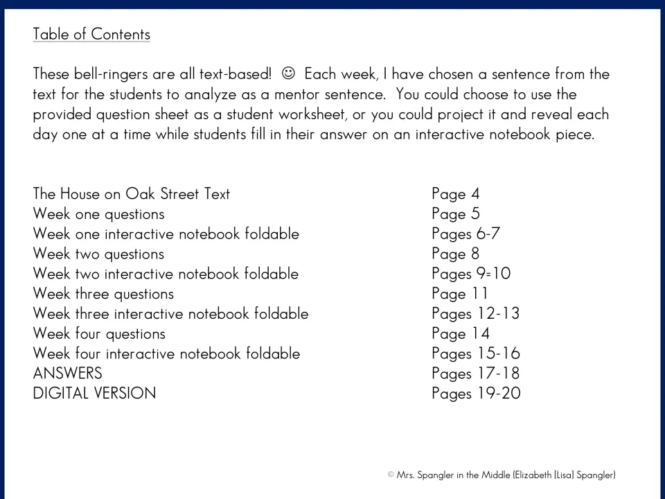 Table of contents listing the Oak Street story, four weeks of questions and notebook foldables, answers and digital version