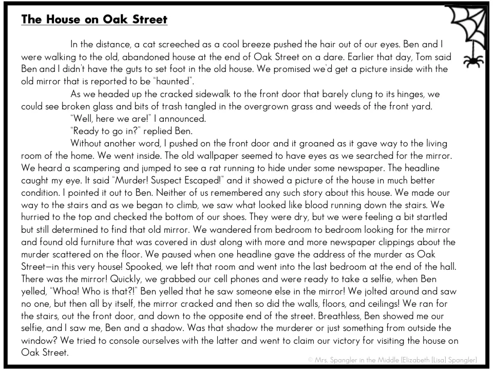 The House on Oak Street: spooky story of two friends seeking a haunted mirror, source of every weekly mentor sentence