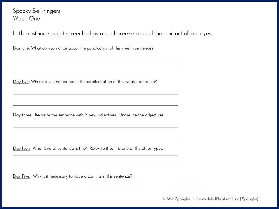 Week One mentor sentence about a screeching cat: daily questions on punctuation, capitalization, adjectives and comma use