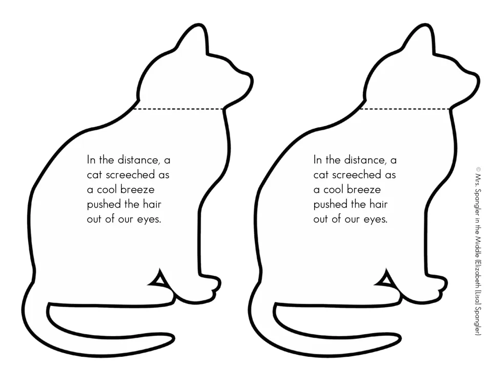 Two cat-shaped notebook cut-outs printed with the Week One sentence 'In the distance, a cat screeched as a cool breeze...'