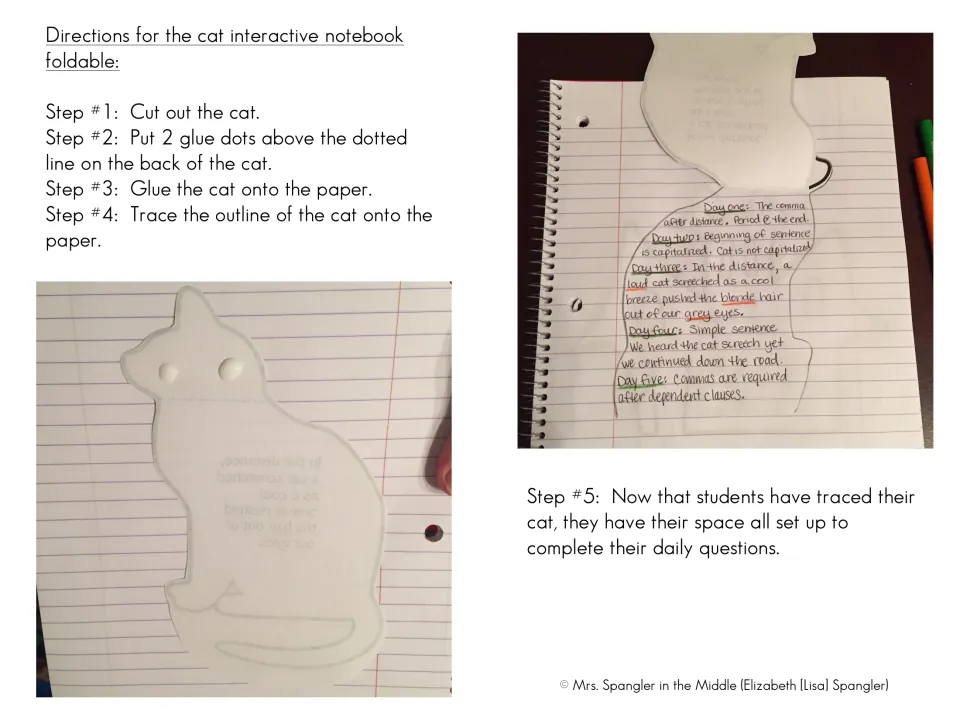 Cat notebook foldable directions: cut, glue above the dotted line, trace; photos show a traced cat filled with answers