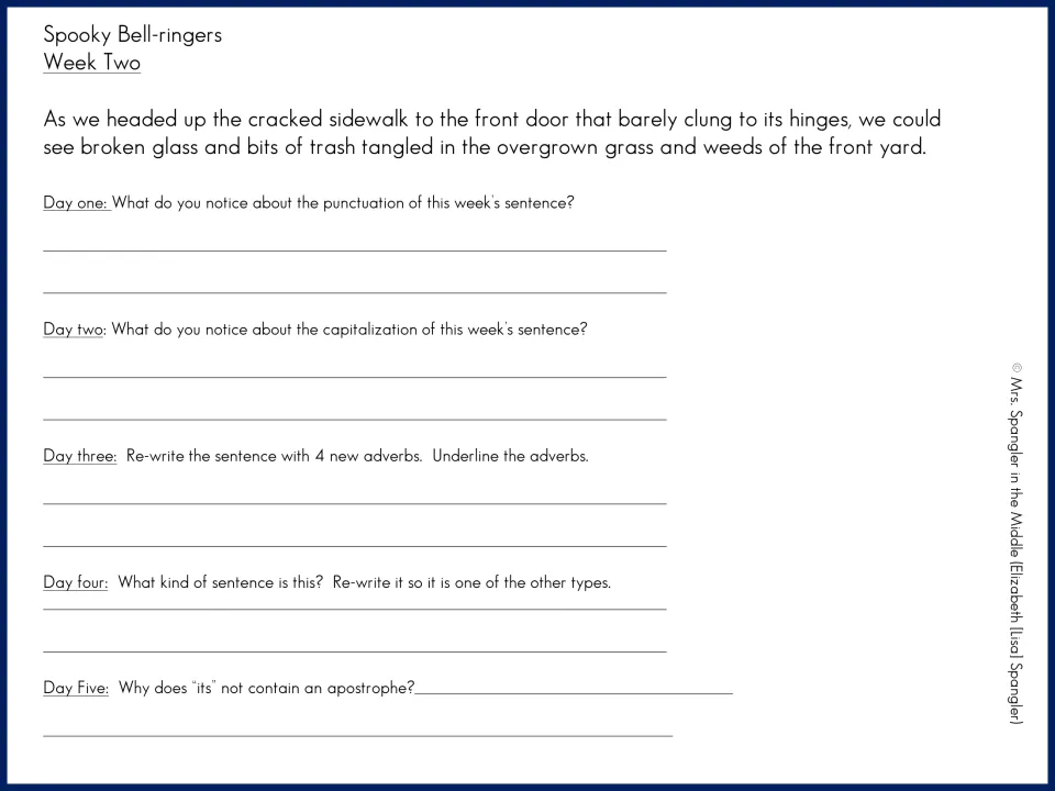 Week Two mentor sentence about the cracked sidewalk: questions on punctuation, adverbs, sentence type and 'its'