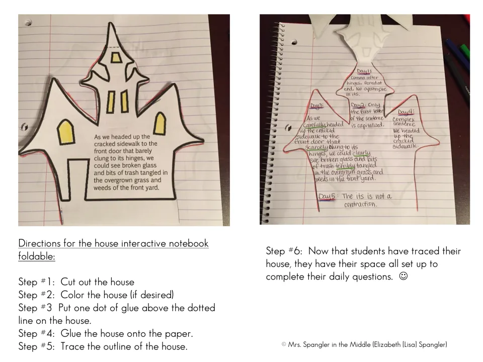 House notebook foldable directions: cut, color, glue and trace, with photos of a traced house filled with daily answers
