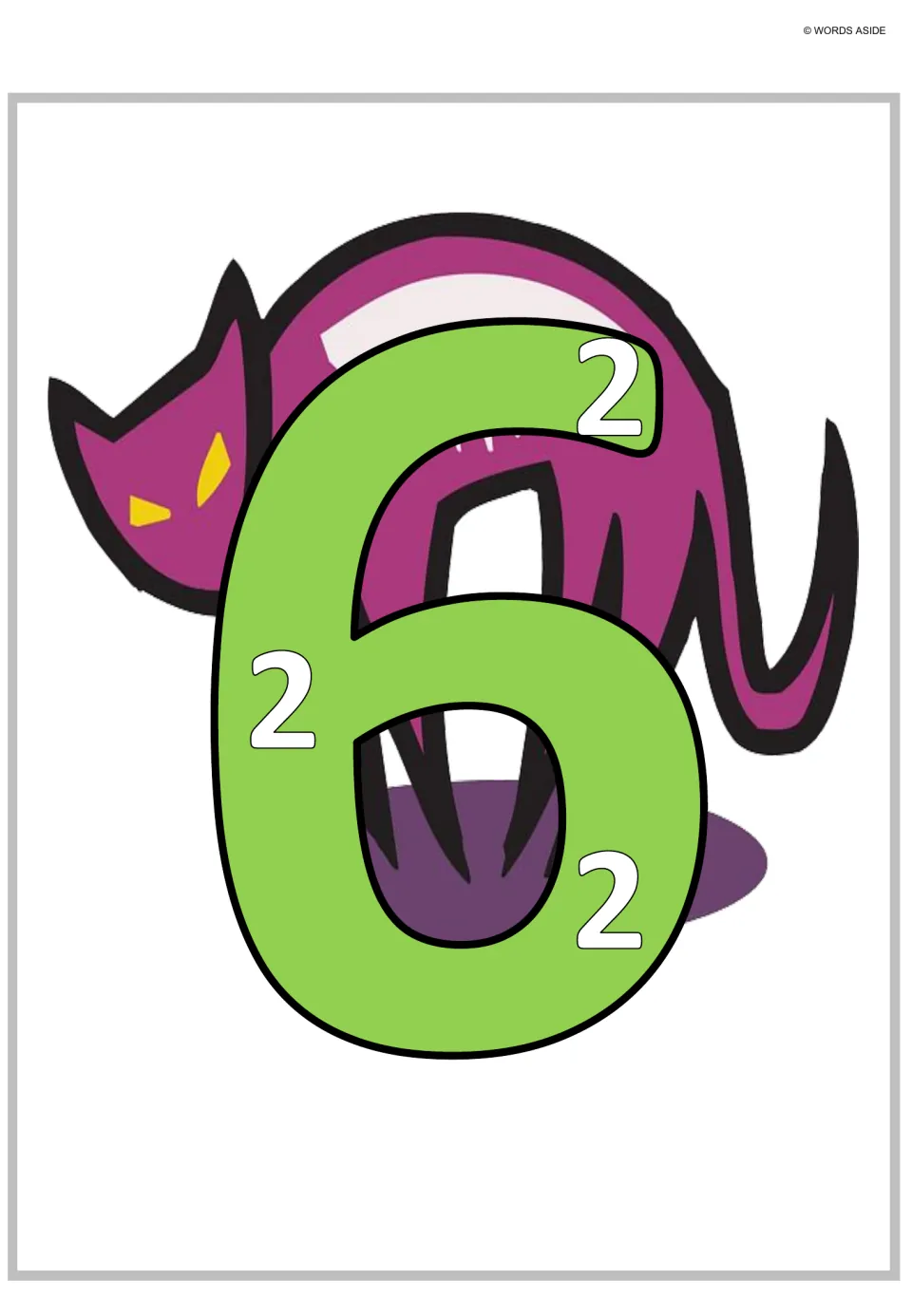 Multiplication and repeated addition poster for 6, showing three small 2s inside the large numeral.