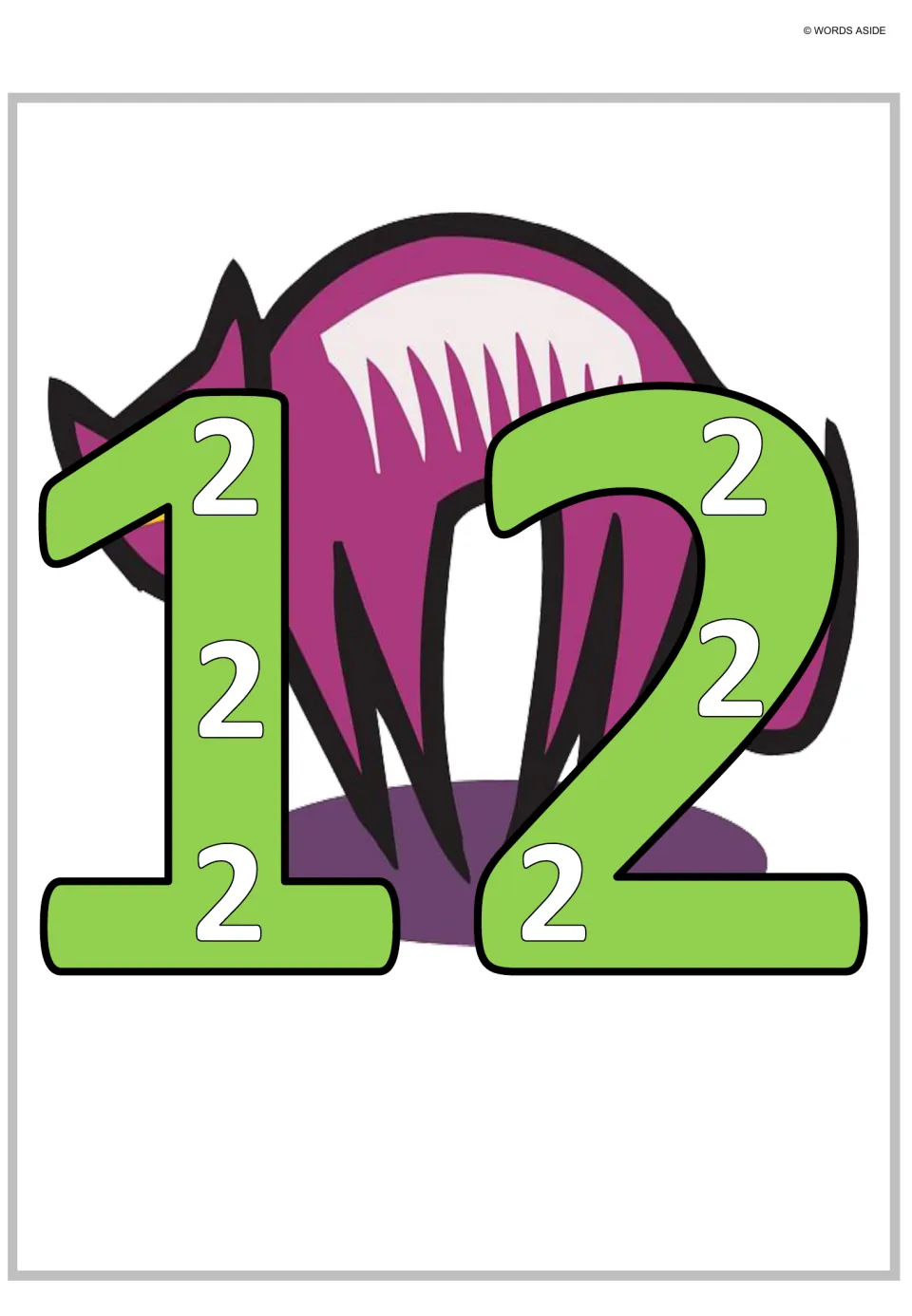 Multiplication and repeated addition poster for 12, showing six small 2s inside the large digits.
