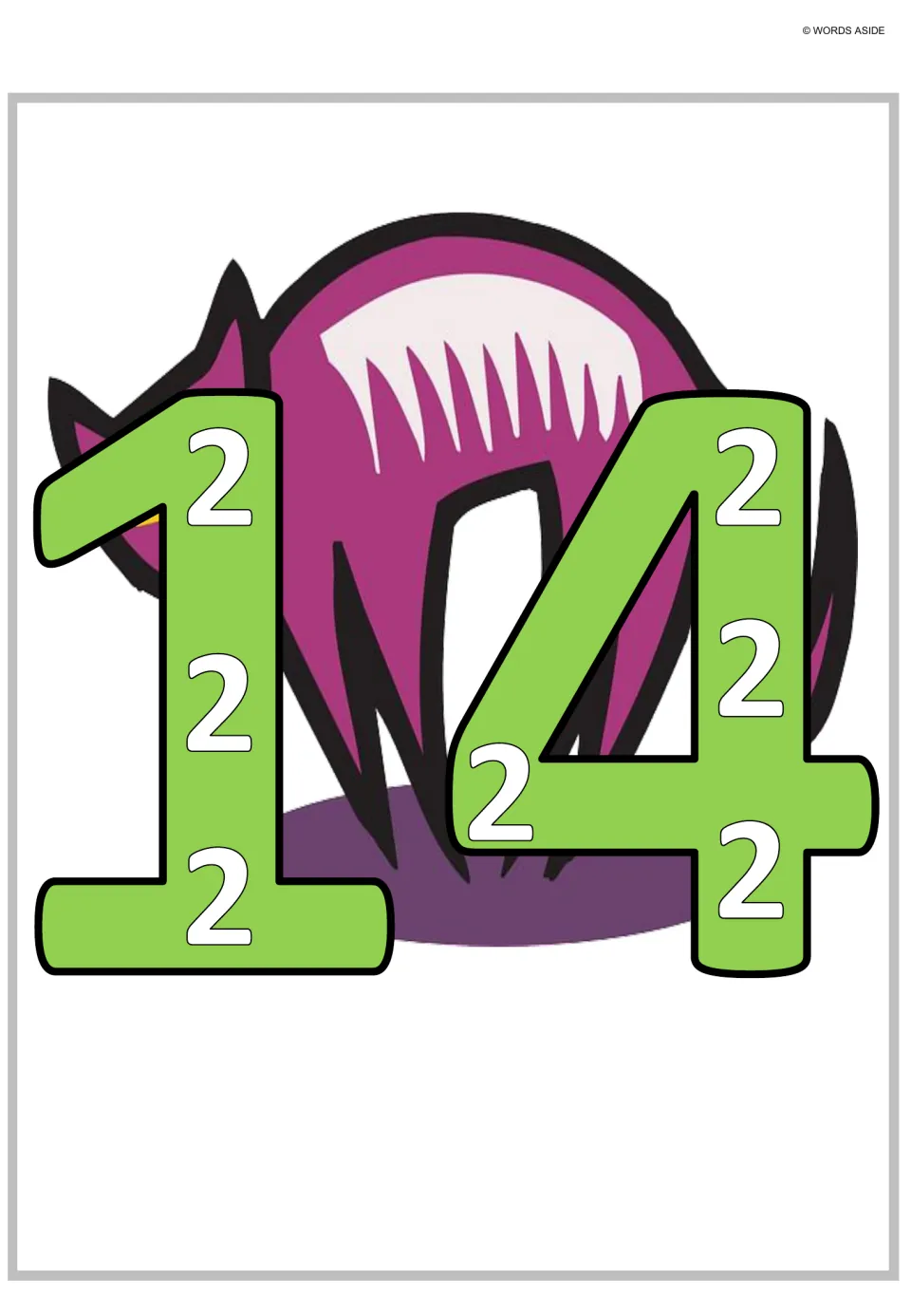 Multiplication and repeated addition poster for 14, showing seven small 2s inside the large digits.