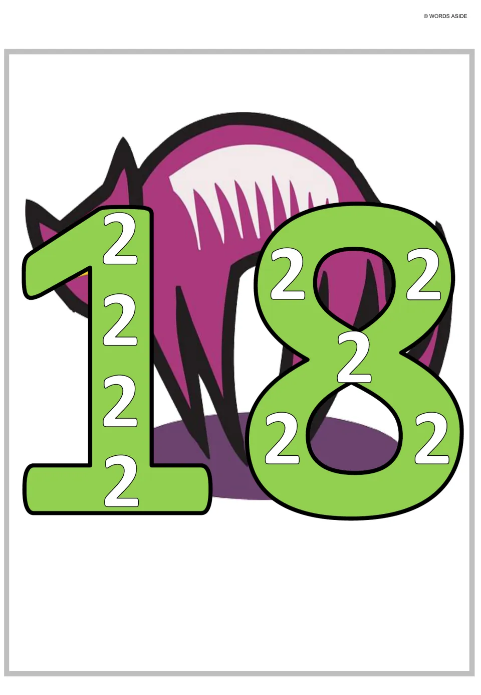 Multiplication and repeated addition poster for 18, showing nine small 2s inside the large digits.