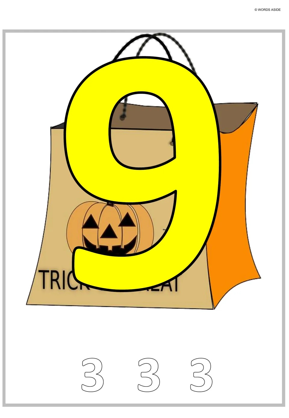 Multiplication and repeated addition poster 3: a large 9 paired with three outlined 3s to represent the total.