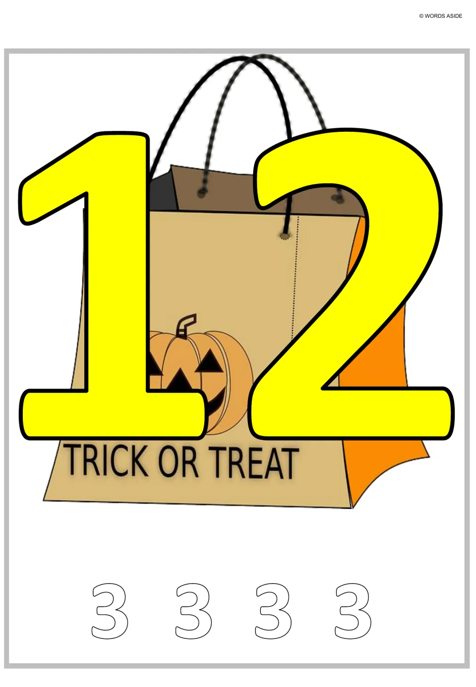 Multiplication and repeated addition poster 4: a large 12 paired with four outlined 3s to represent the total.